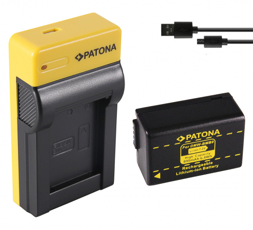 USB-Ladegerät + Patona Akku für Panasonic Akku DMW-BMB9, z.B. Lumix DC-FZ82, DC-FZ83, DMC-FZ48, -FZ100, -FZ150