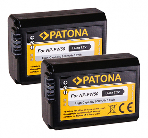 2 x Patona Ersatz Akku für Sony Alpha 5000, 5100, 6000, 6100, 6300, 6400, 6500 - Typ: NP-FW50