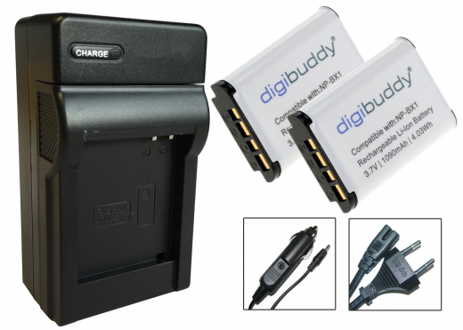 2 x digibuddy Akku + Ladegerät für Sony Akku NP-BX1 - z.B. Cybershot DSC-RX100 I, II ,III, IV, V, VI, VII, HX400, HX400V, HX60, etc.
